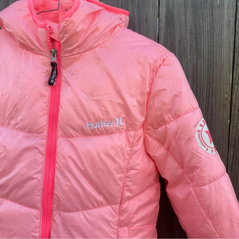 Hurley Pink Hooded Puffer Jacket Girls Sz Large (12-13 Years) Sherpa‎ Lined